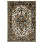 HomeRoots 508078 8 x 11 ft. Ivory Beige Blue Orange Gold Green Gray & Rust Oriental Power Loom Stain Resistant Rectangle Area Rug with Fringe