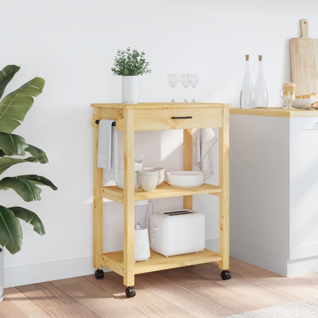 vidaXL Kitchen Trolley Rolling Cart - Solid Pine Wood with Honey Wax Finish, Mobile Organizer with Wheels for Home and Living Storage, 23.6x15.7x35.4