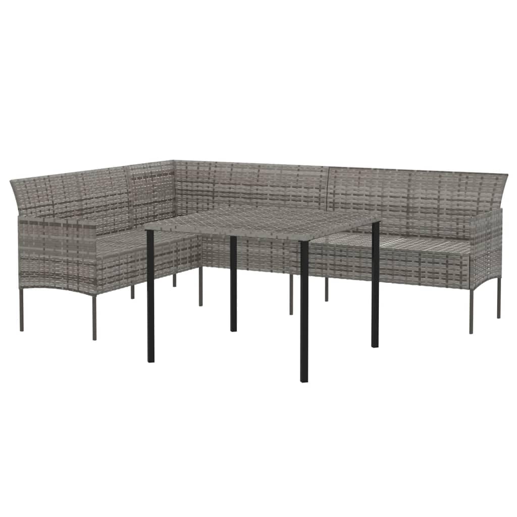 vidaXL Poly Rattan Patio Dining Set - Gray with Cushions - Includes L-Shaped Sofa and Square Table for Garden, Deck or Patio