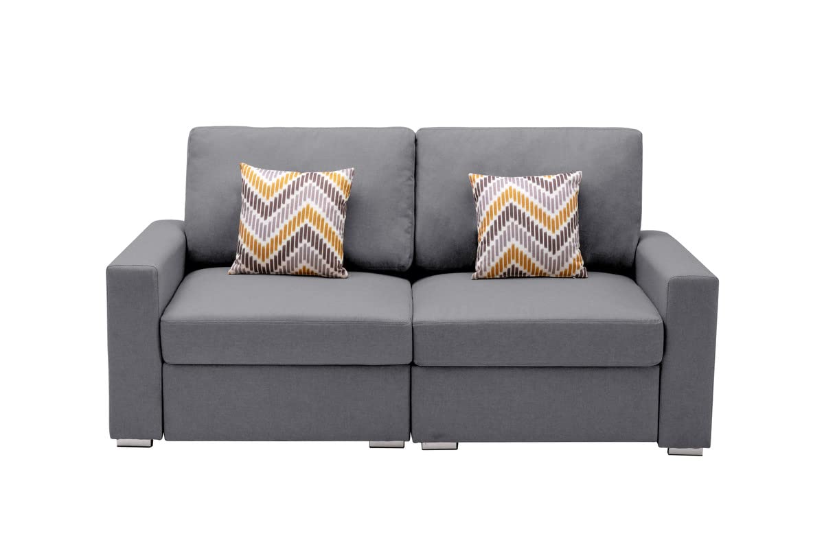 Lilola Home Nolan Gray Linen Fabric Loveseat with Pillows and Interchangeable Legs