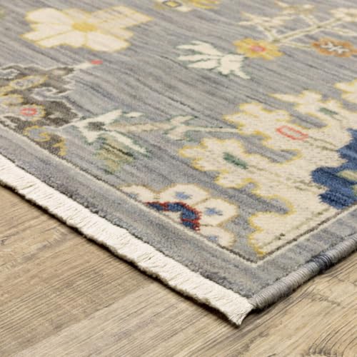 HomeRoots 509321 6 x 9 ft. Gray Ivory Gold Salmon Red Blue & Green Oriental Power Loom Stain Resistant Rectangle Area Rug with Fringe