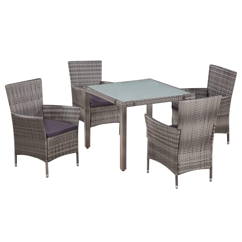 vidaXL Patio Dining Set 5 Piece, Dining Table Set with Glass Tabletop, Rattan Chairs with Cushions and Steel Legs, Outdoor Furniture Set, Poly Rattan Gray