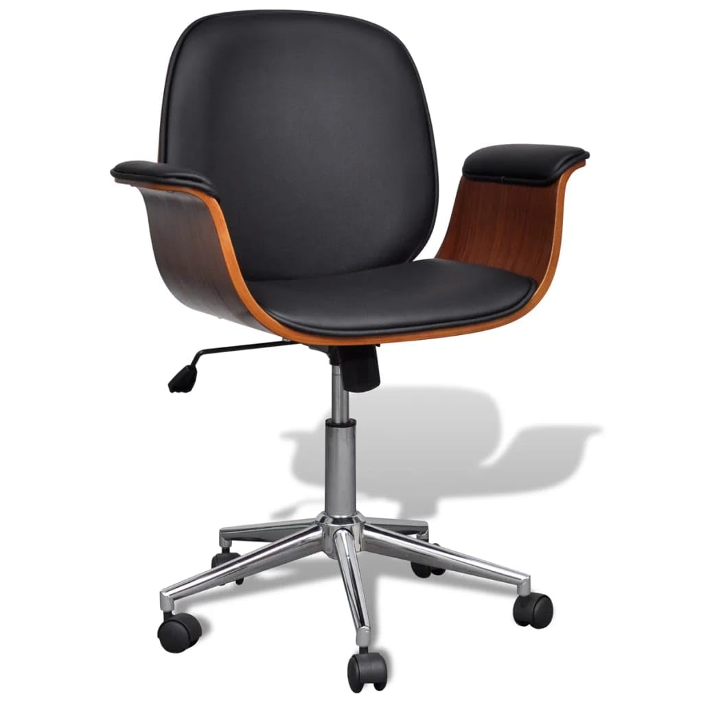 vidaXL Swivel Arm Chair with Bent Wood Frame and Faux Leather Covering - Adjustable Backrest - Easy Mobility with Castors - Adjustable Height