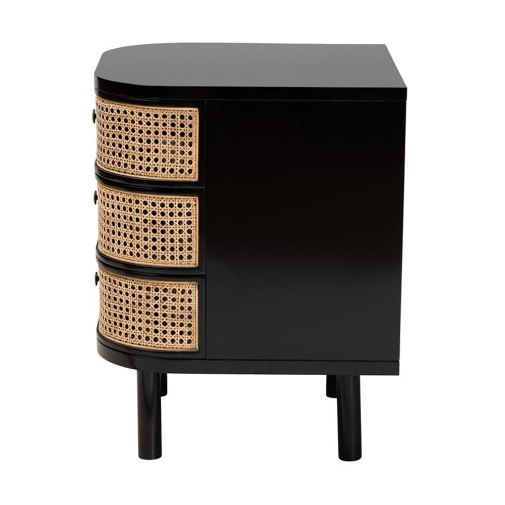 Baxton Studio Nabila Modern Bohemian Black Bayur Wood and Natural Rattan 3-Drawer End Table Nightstand Black/bayur Wood