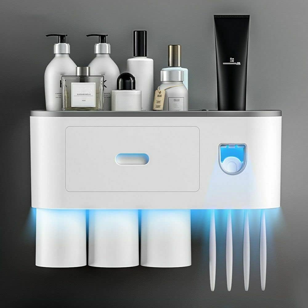 CRAZYABBS Toothbrush Holder Wall Mounted, Automatic Toothpaste Dispenser Squeezer Kit with Holders for Bathroom Shelf Magnetic C