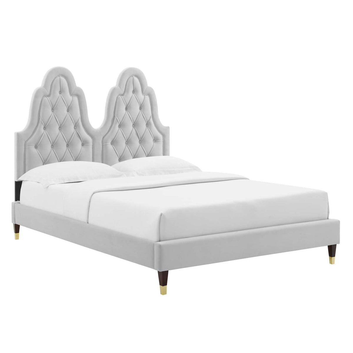 Modway Alexandria Tufted Performance Velvet Platform Bed with Wood and Gold Legs, Full, Light Gray