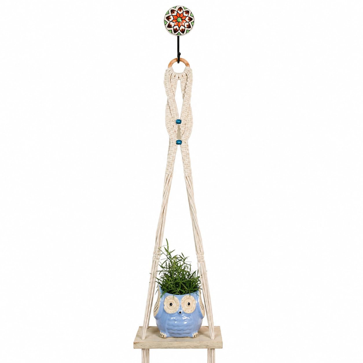 Kaameri Bazaar Macrame Boho Braid Mini Shelve With Owl Shaped Planter (Blue) And Ceramic Hook  Macrame Wall Hanging L Owl Plant
