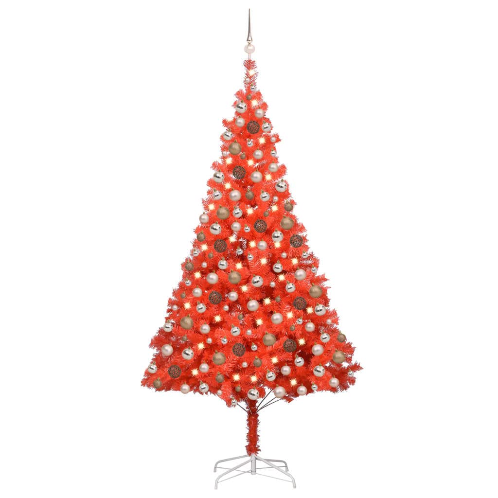 Vidaxl 94.5&quot; Artificial Christmas Tree With Led Lights & Rose Gold Ball Set, Red And Rose, Pvc Material, Reusable, With Sturdy Steel Stand