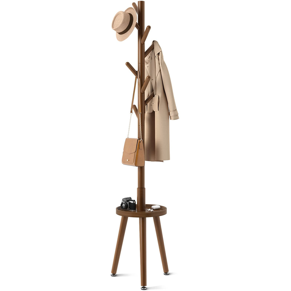 Greenstell Coat Rack With 8 Hooks, Wooden Coat Rack Freestanding With Shelf, Coat Tree With 4 Height Options 50.5'-72.6', Coat Hanger Stand For Bags, Clothes, Umbrellas, Hats, In Home, Brown