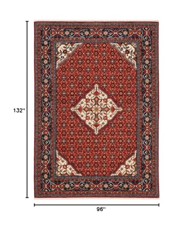 HomeRoots 509219 8 x 11 ft. Red Blue Ivory & Orange Oriental Power Loom Stain Resistant Rectangle Area Rug with Fringe