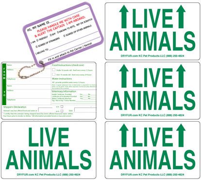 Dryfur Live Animal Shipping Label Set Of 5 (Waterproof, Reflective, Plastic & Paper) For Airline Travel, Includes Kennel Name Ta