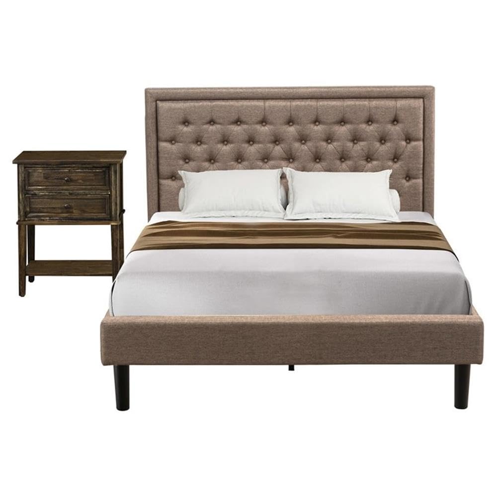 East West Furniture KD16Q-1VL07 2 Piece Queen Size Bed Set - 1 Bed Frame Dark Khaki Linen Fabric Padded and Button Tufted Headboard with 1 Wood Nightstand - Distressed Jacobean Finish Nightstand