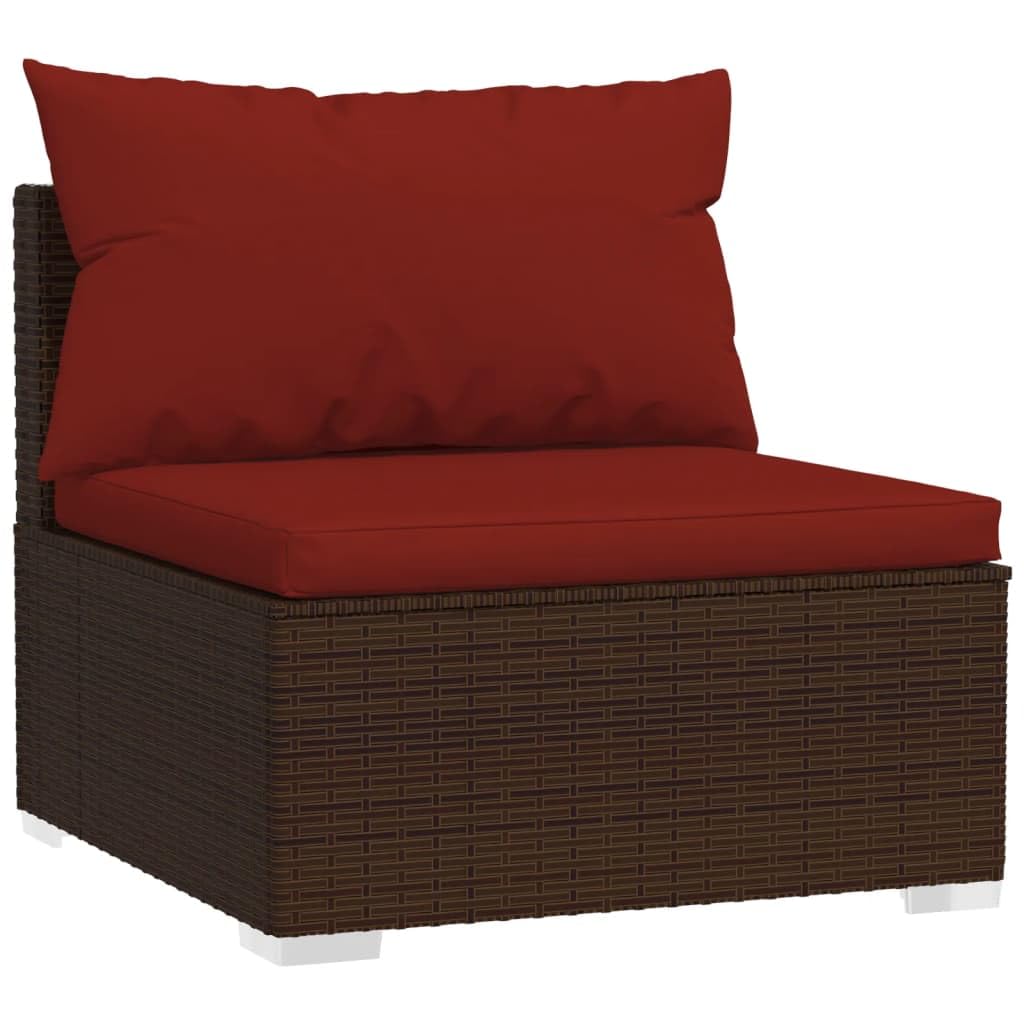 vidaXL 8-Pc Patio Lounge Set in Brown Poly Rattan- Contemporary Outdoor Sofa Set with Powder-Coated Steel Frame and Red Polyester Cushions