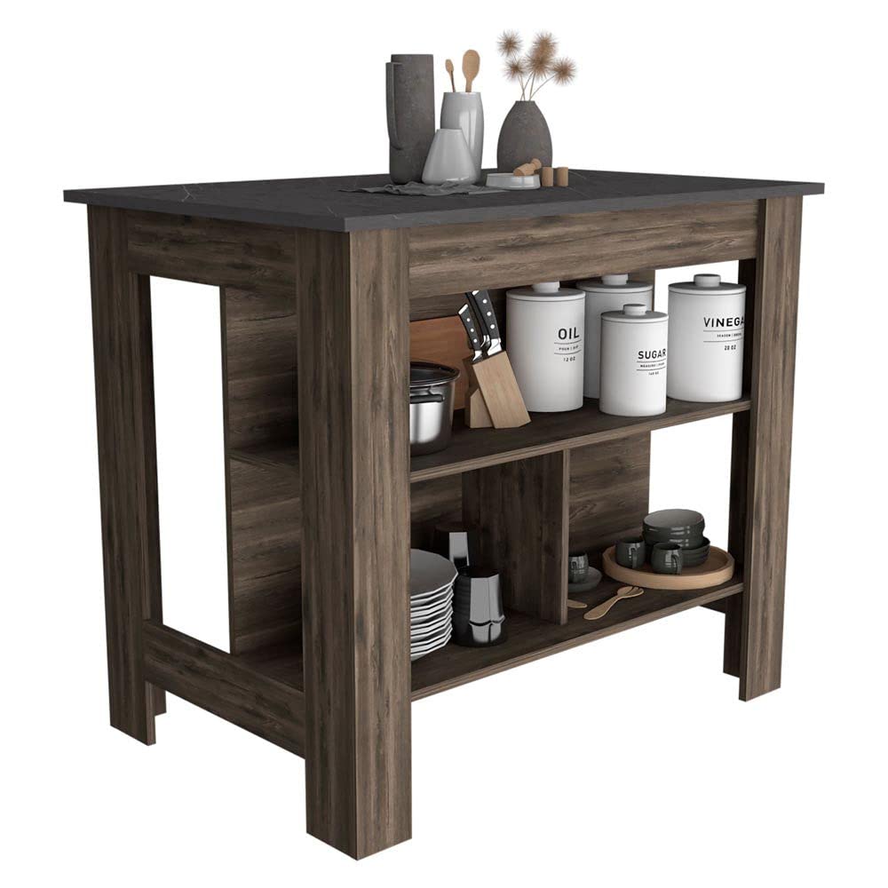 HomeRoots Dark Brown-Onix Particle Board Dark Brown and Onyx Kitchen Island with Three Storage Shelves