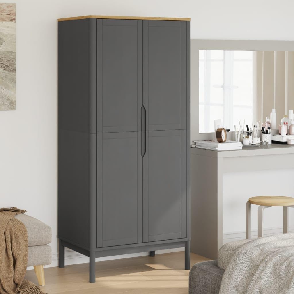 vidaXL Wardrobe Floro - Gray Solid Pine Wood - 30.3x20.9x67.3 - Bedroom Closet with Practical Doors & Ample Storage Space - Modern Style