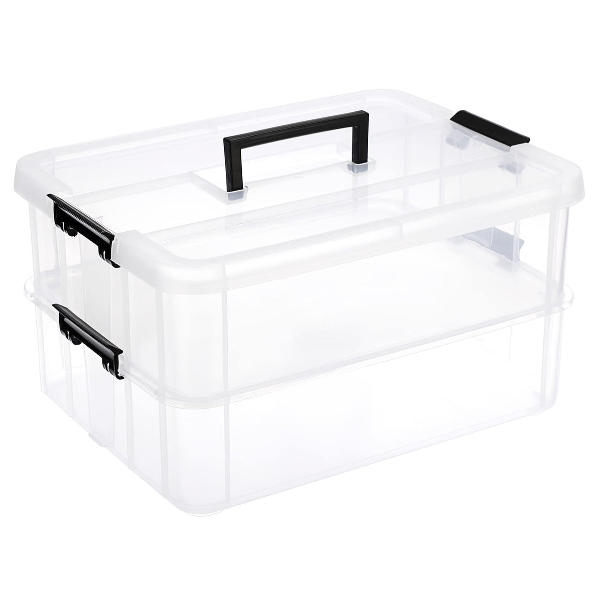 JUXYES 2Tiers Plastic Stack Carry Storage Containers Box wih Handle Lids