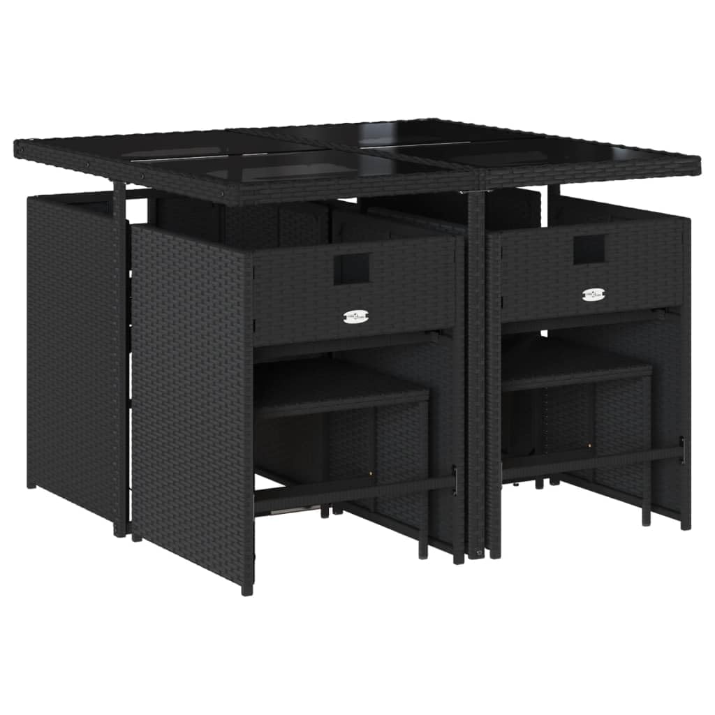 vidaXL 9 Piece Patio Dining Set with Cushions - Black Poly Rattan/Glass - Ideal for Garden, Backyard, Patio, Deck - Cushioned Seating with Foldable Chairs and Stools