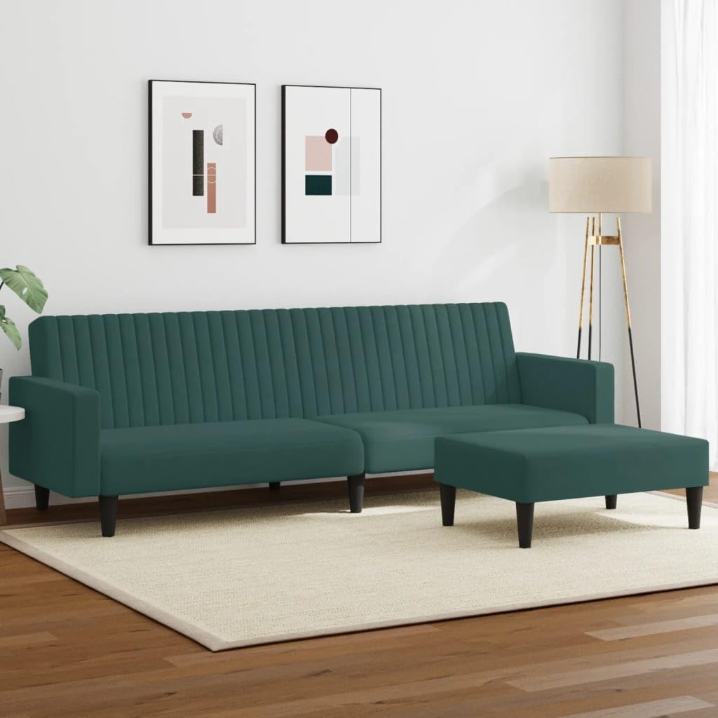 vidaXL Dark Green Velvet Sofa Bed Set - Convertible 2-Piece with Footstool, Modern Design for Living Room/Office, Thick Foam Padded Comfort