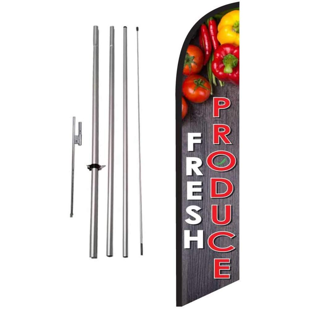 Fresh Produce Market Advertising Feather Banner Swooper Flag Sign With Flag Pole Kit And Ground Stake