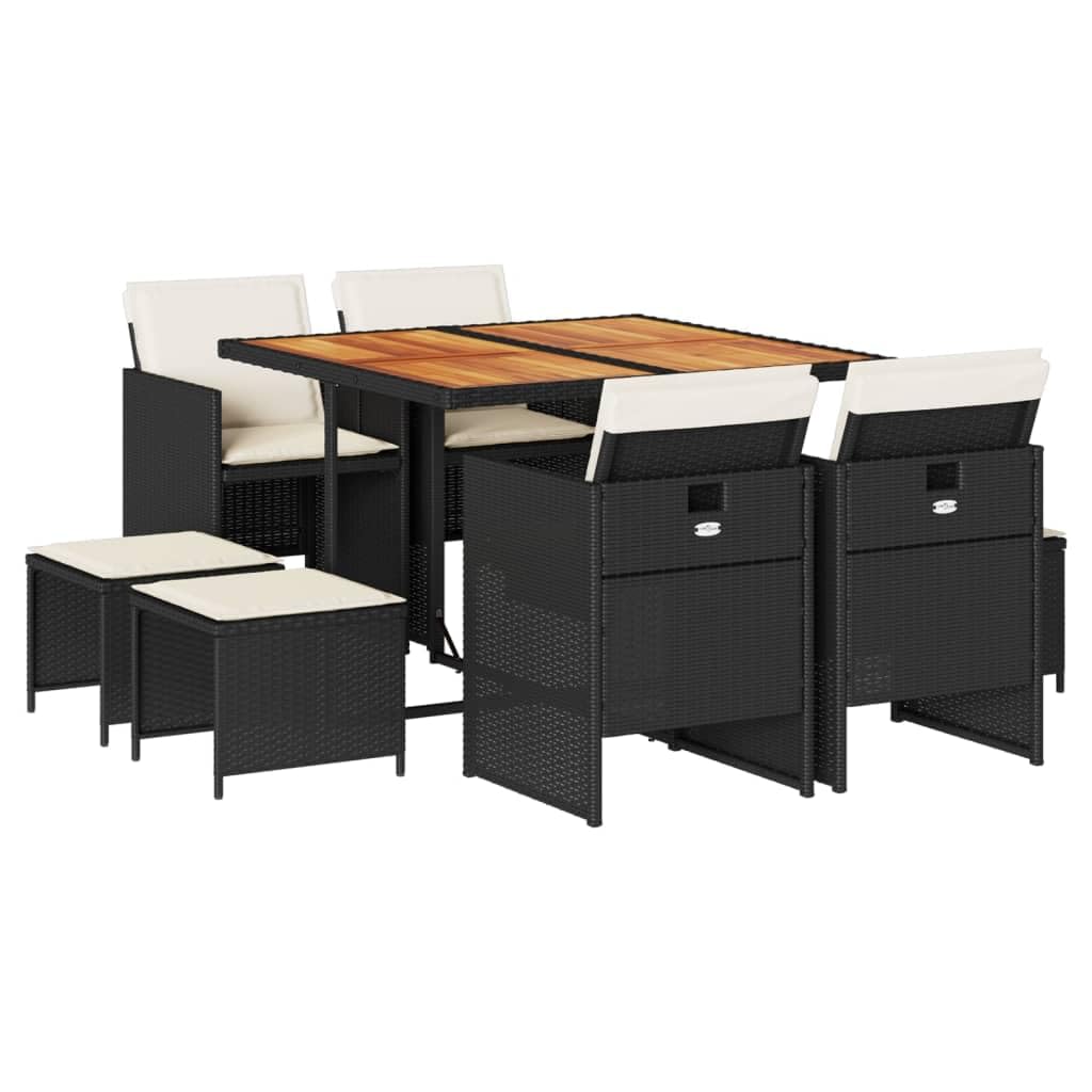vidaXL 9 Piece Patio Dining Set with Cushions - Black Poly Rattan and Acacia for Garden, Backyard, Patio