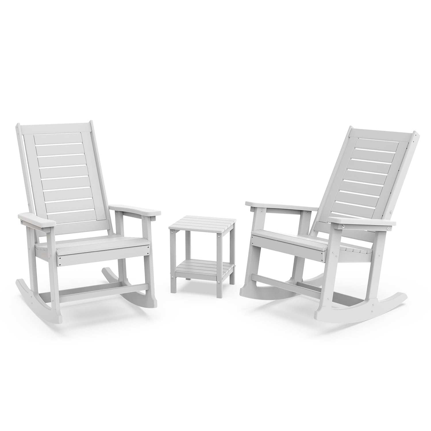 Greenvines Outdoor Rocking Chair Set | 3-Piece | 2 Rocking Chairs With 1 Side Table | Porch Rocker | Hdpe Plastic | White | Patio Furniture Sets | High Back | Big & Tall | Ladder Back