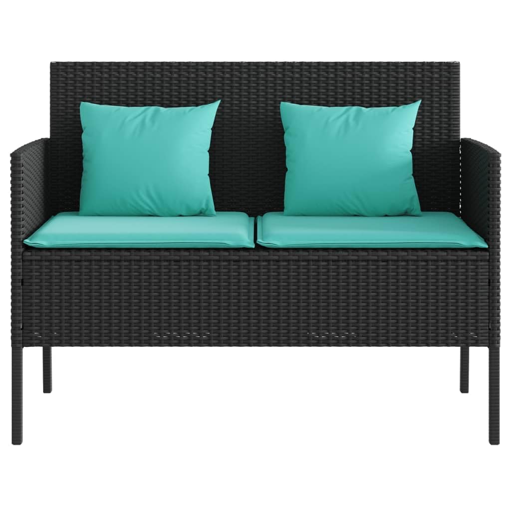vidaXL Outdoor Loveseat Bench - Black PE Rattan, Padded Blue Cushions, Storage Under-Seat, Weather-Resistant, Garden/Patio Furniture, 44.5x24x34.3