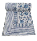 V Vedant Designs Indian Handmade Kantha Quilt New Beautiful Floral Print Bed Cover Throw Twin Cotton Blanket Gudari (Blue&White)