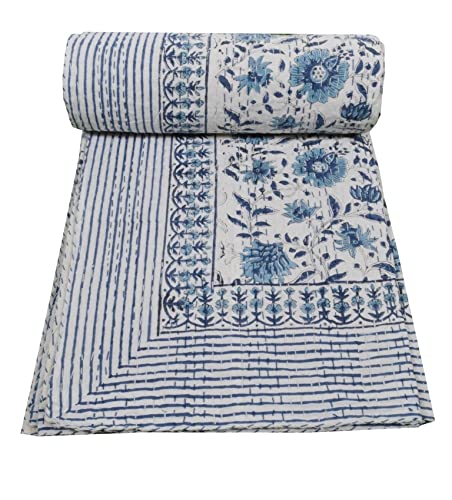 V Vedant Designs Indian Handmade Kantha Quilt New Beautiful Floral Print Bed Cover Throw Twin Cotton Blanket Gudari (Blue&White)