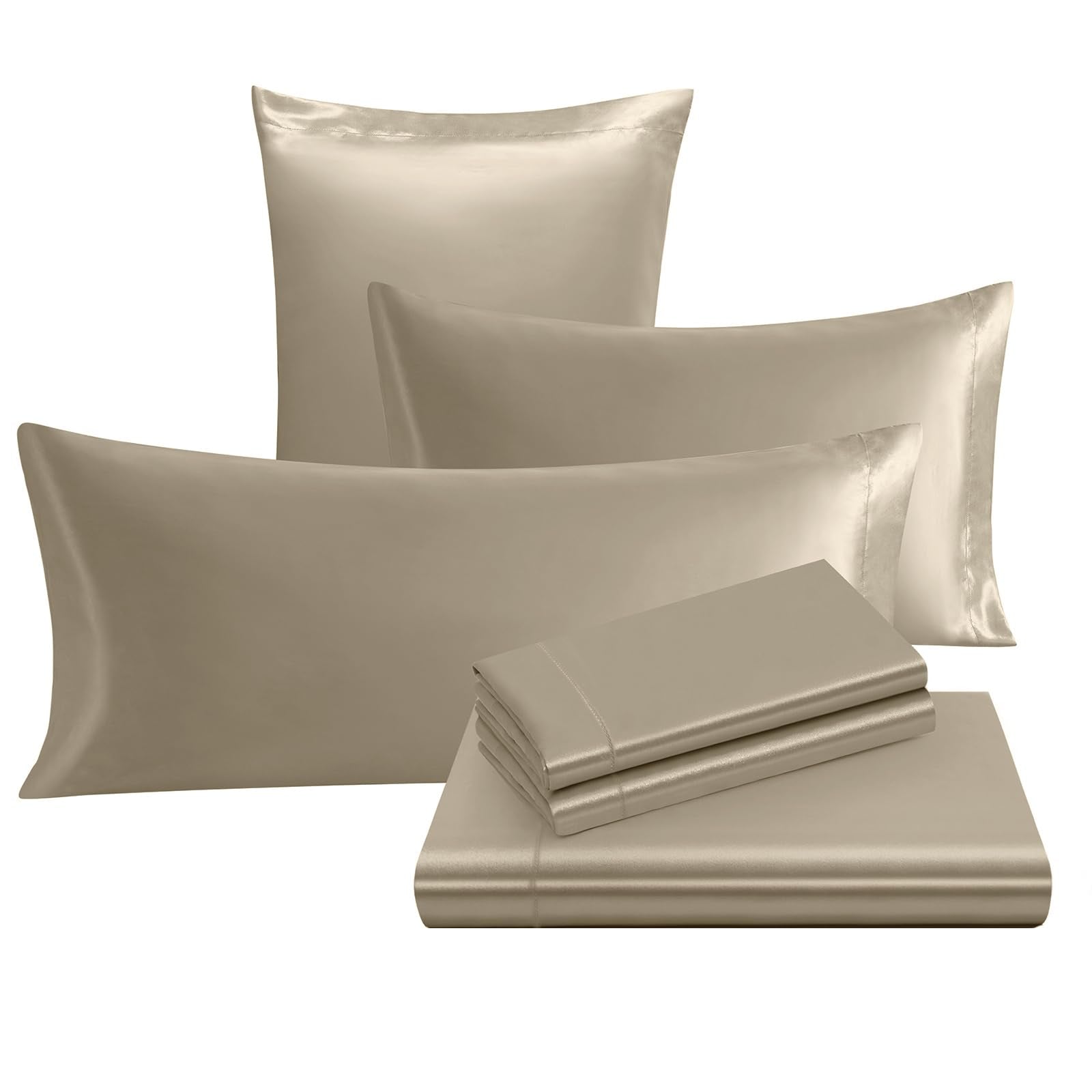 Ersmak 7 Pieces Satin Sheets Set Queen Size, Luxury Silky Sand Satin Bed Sheets Set With 1 Deep Pocket Fitted Sheet, 1 Soft Flat