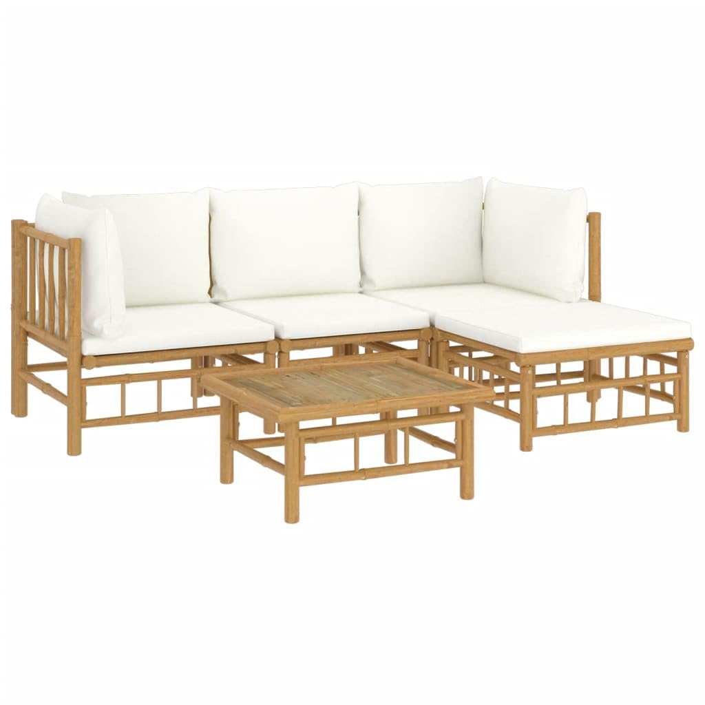 vidaXL 5-Piece Bamboo Patio Lounge Set with Cream White Cushions - Durable Outdoor Furniture with a Practical Table, Comfortable Cushions, and Flexible Design for Garden or Deck