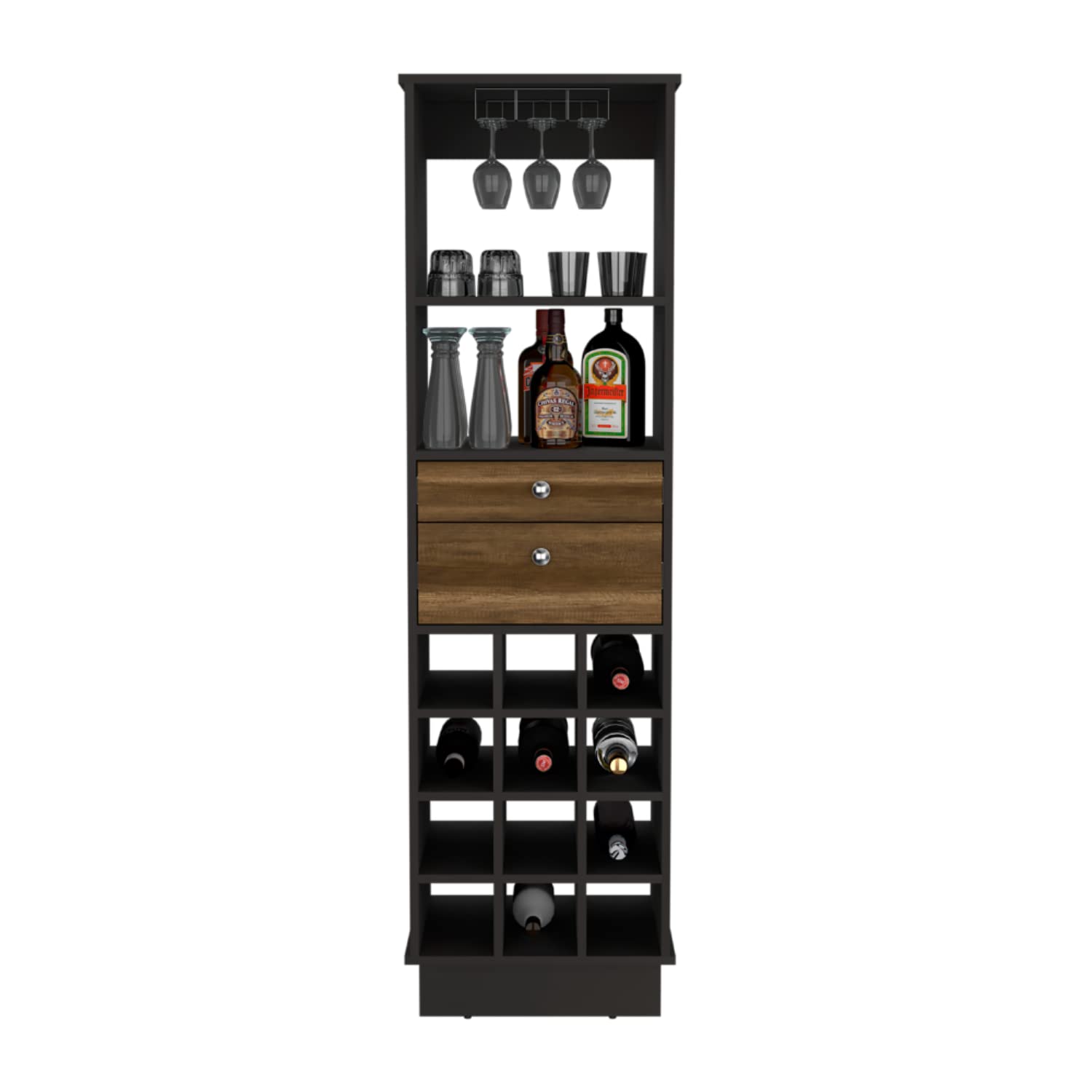 Depot E-Shop Zircon Bar Cabinet, 12 Built-In Wine Rack, 2 Drawers, Black/Walnut