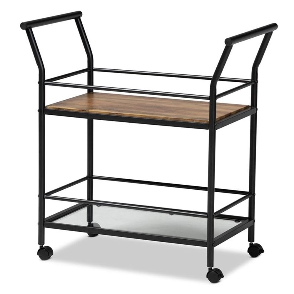 Baxton Studio Valora Industrial Rustic Walnut Finished Wood and Black Metal 2-Tier Mobile Wine Cart