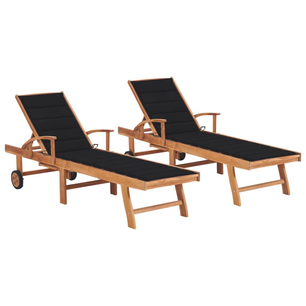 vidaXL 2 pcs Sun Loungers with Black Cushions - Durable and Weather-Resistant, Adjustable Backrest, Teak Wood Construction - Portable and Stylish for Patio, Garden, Pool Deck and Outdoor