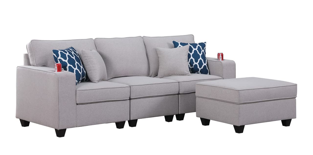 Lilola Home Cooper Light Gray Linen Sofa with Ottoman and Cupholder