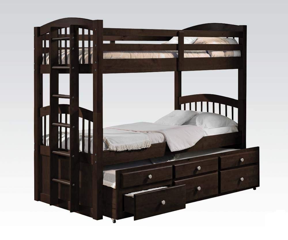 HomeRoots Pine Wood (Solid), Metal 80' X 41' X 71' Twin Over Twin Espresso Bunk Bed and Trundle with 3 Drawer