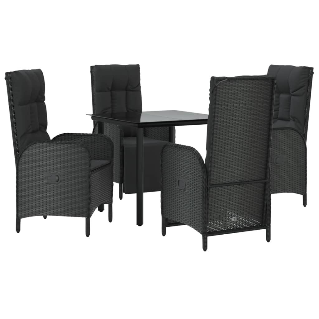 vidaXL 5-Piece Patio Dining Set - Black Poly Rattan, Weather-Resistant, Reclining Chairs, Tempered Glass Table for Outdoor/Garden