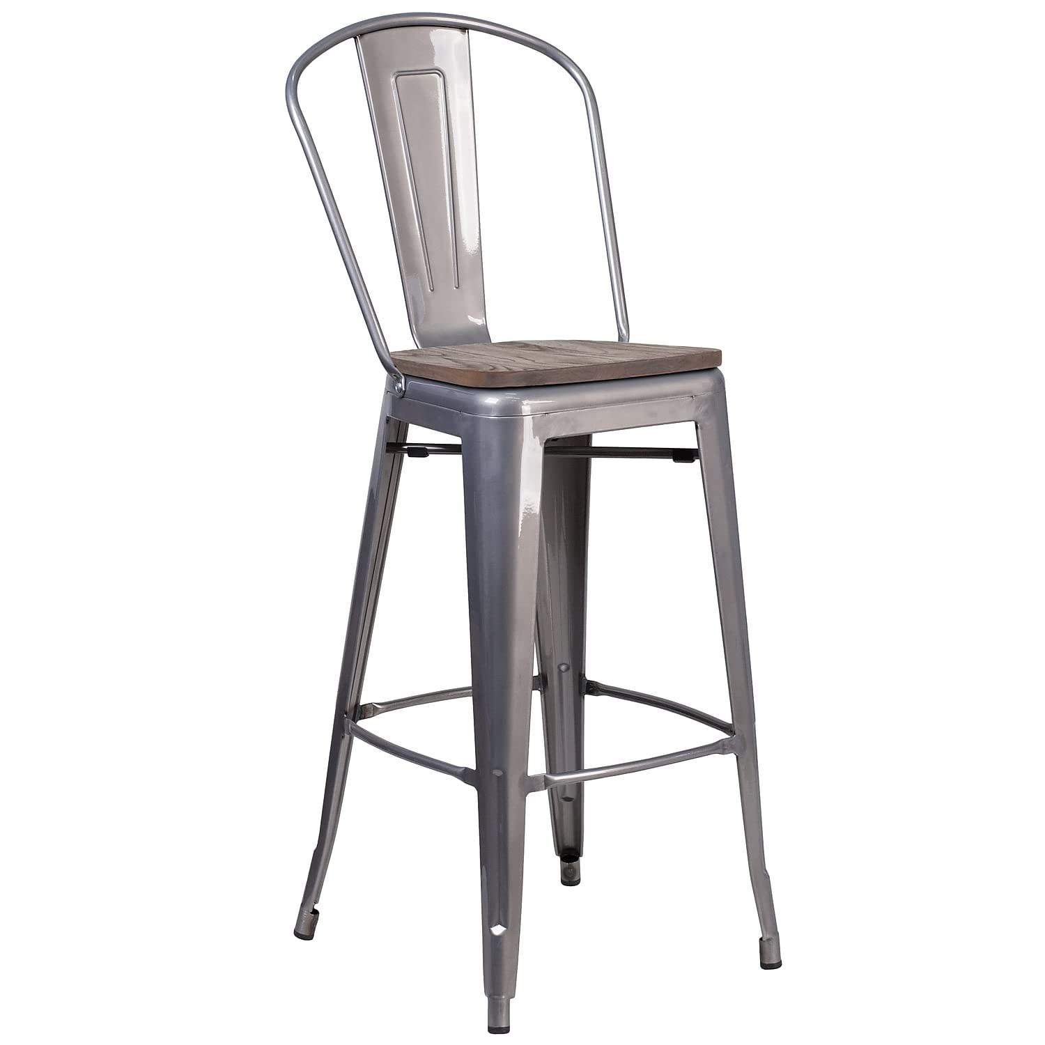 Flash Furniture Lily 30&quot; High White Metal Barstool With Back And Wood Seat