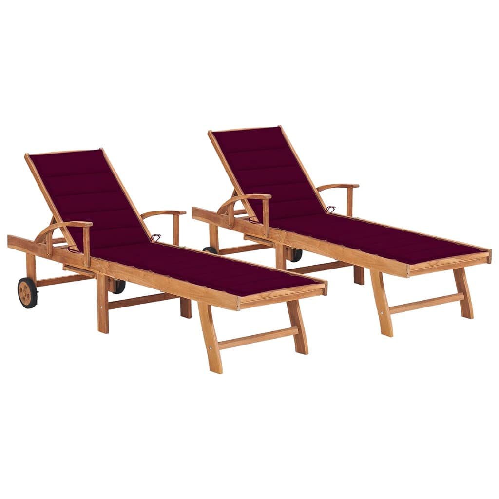 Vidaxl Solid Teak Wood Sun Loungers Set With Adjustable Backrest And Wheels, Includes Wine Red Cushions