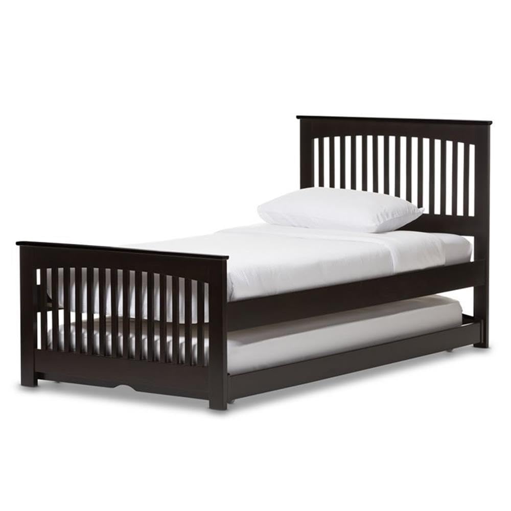 Baxton Studio Hevea Solid Wood Platform Bed with Guest Trundle Bed Twin/Dark Brown/Contemporary