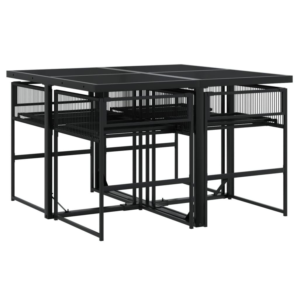 vidaXL Patio Dining Set with Cushions 5-Piece Black Poly Rattan Garden Furniture, Foldable Chairs, Glass Tabletop, UV-Resistant