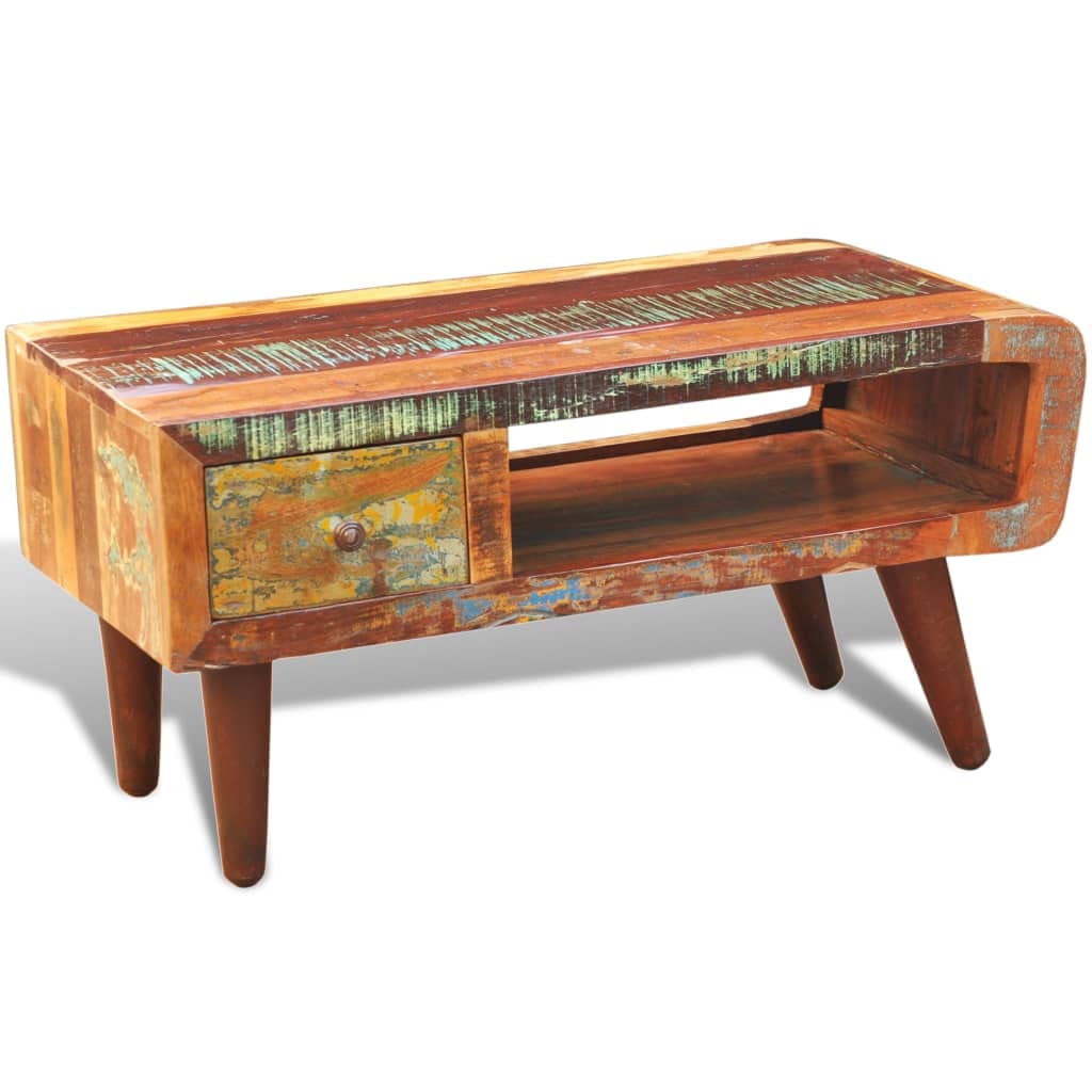 vidaXL Antique Coffee Table, Handmade with Curved Edge, 1 Drawer, Purely Handmade, Made from Reclaimed Wood, Wooden Vintage Decor for Living Room