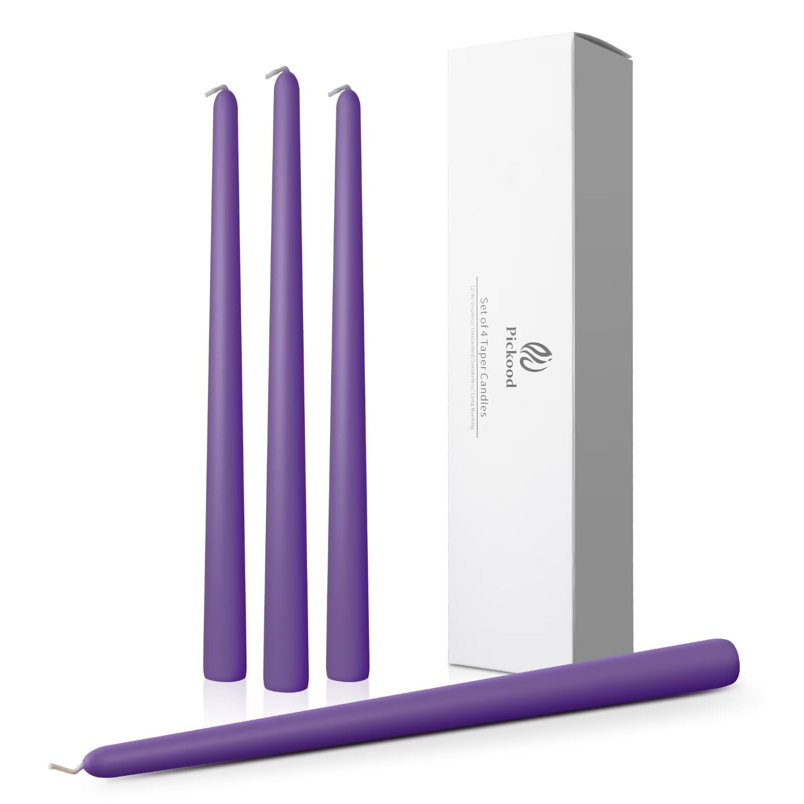 Pickood 12-Inch Tall Dripless Taper Candles Set of 4 - Purple Tapered Candles, Perfect for Halloween - Smokeless, Unscented, Lon