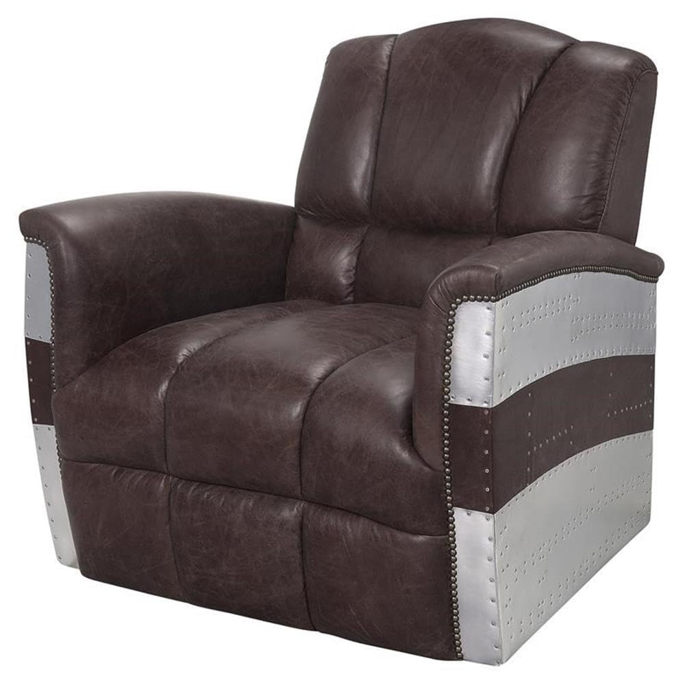 Acme Brancaster Top Grain Leather Accent Chair in Retro Brown and Aluminum