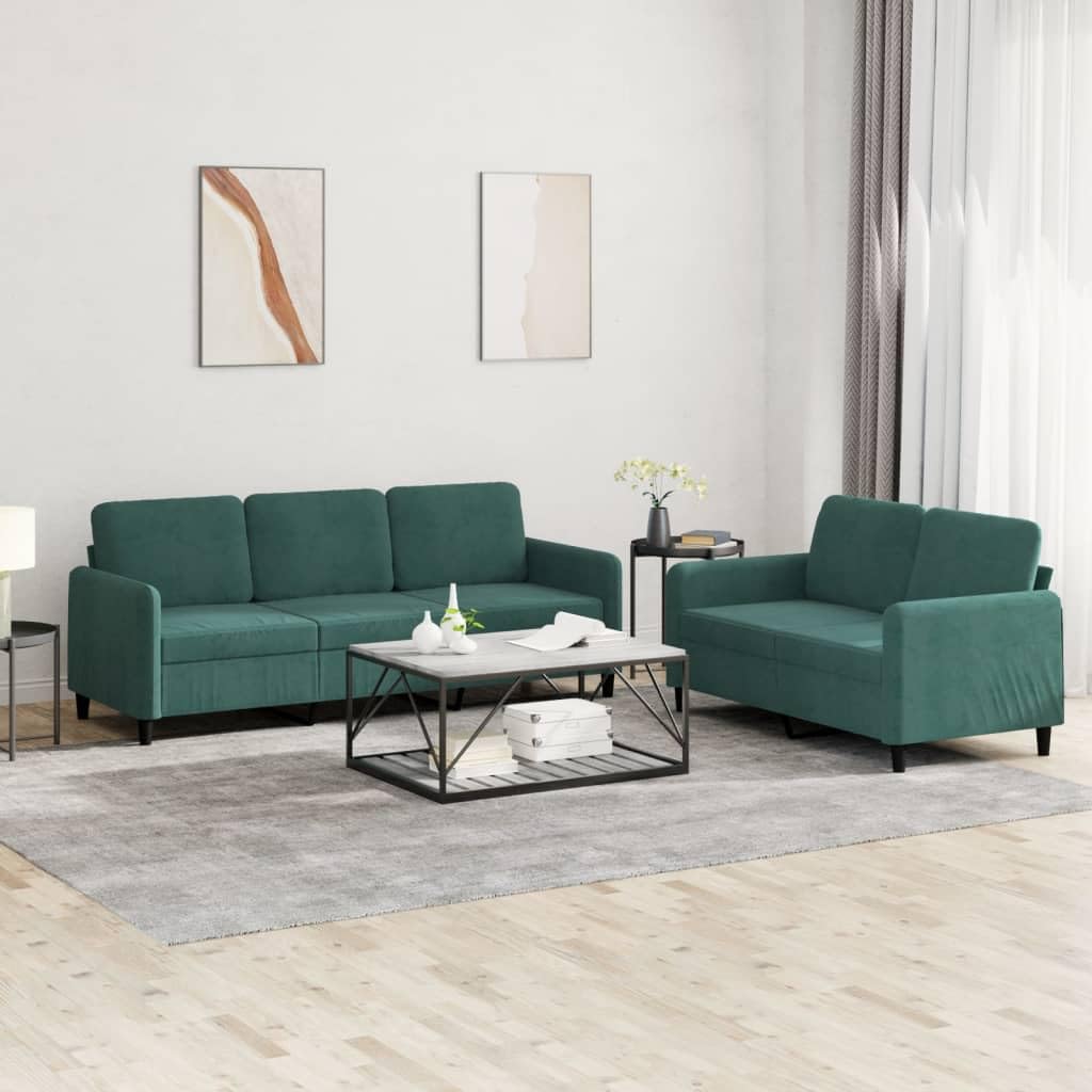 vidaXL 2 Piece Sofa Set in Dark Green Velvet - Softly Padded, Comfortable Living Room Furniture with Strong Plywood and Metal Frame, Ideal for Lounge Area
