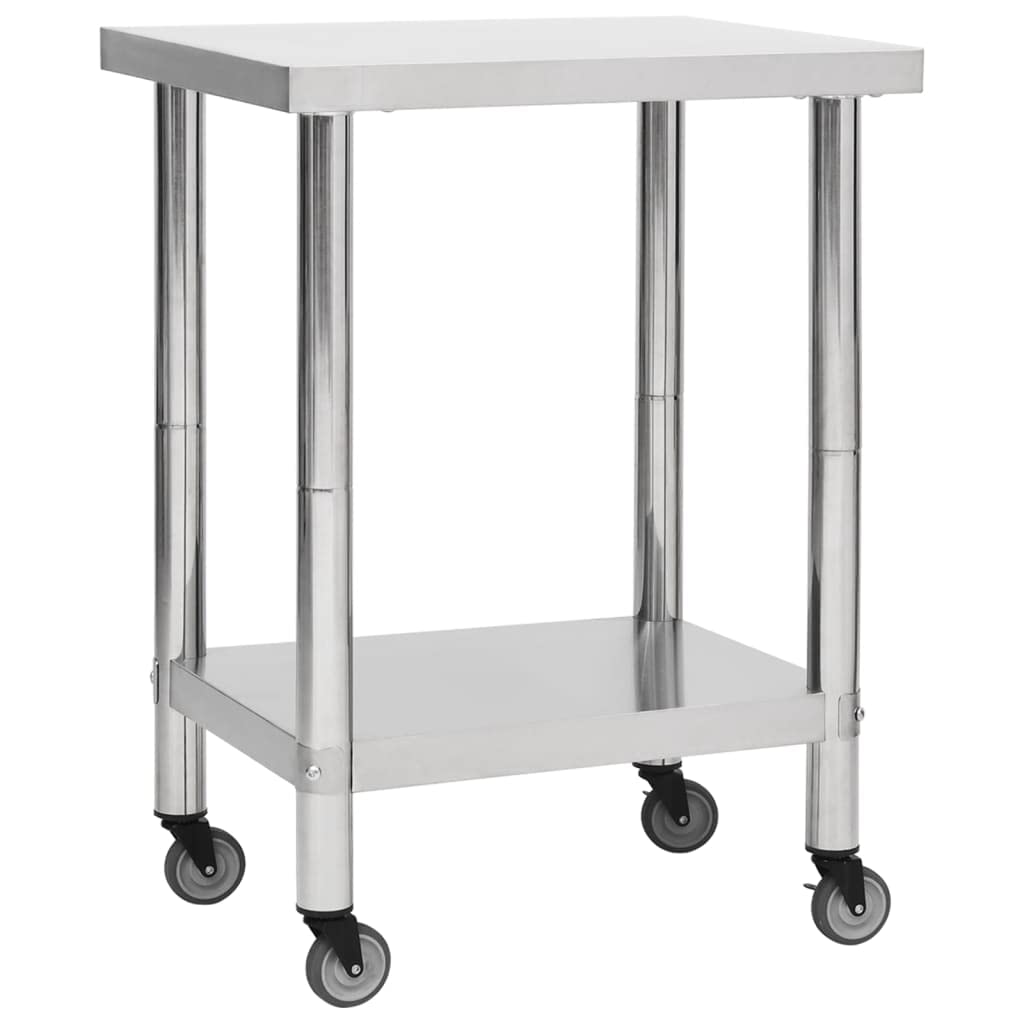 vidaXL Stainless Steel Kitchen Work Table with Wheels - Mobile Design, Easy to Clean, Extra Storage Space, Ideal for Commercial Kitchens.