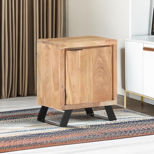 vidaXL Bedside Cabinet - 15.7"x11.8"x19.7", Solid Acacia Wood with Live Edges, Ample Storage, Steel Legs, Unique Wood Grains