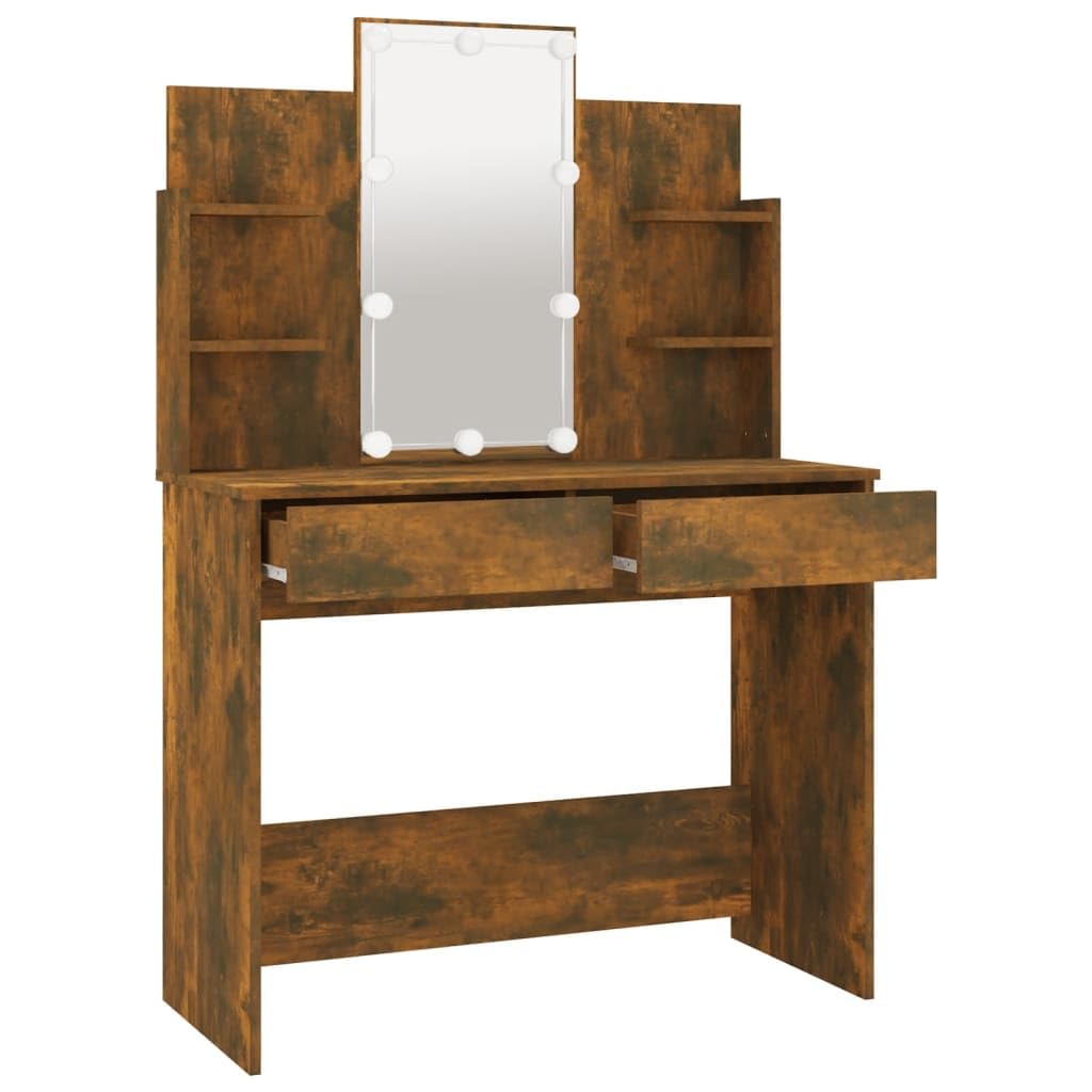 vidaXL Modern Smoked Oak Dressing Table - Engineered Wood with LED Light Feature, Asymmetrical Design, 37.8&quot;x15.7&quot;x55.9&quot;