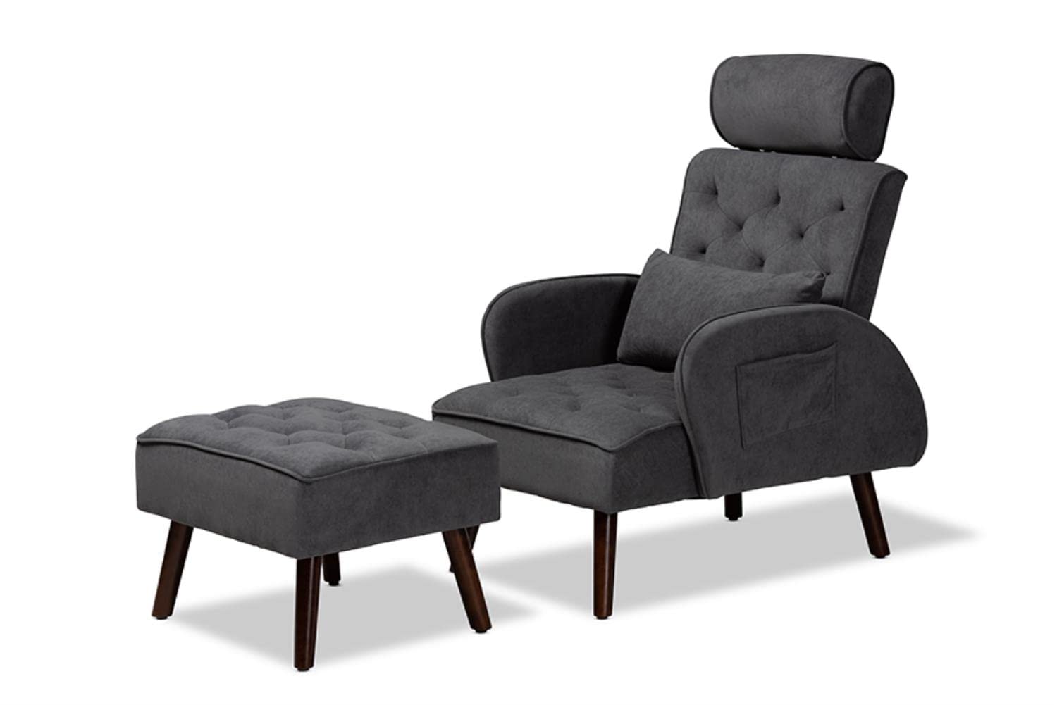 Baxton Studio Haldis Modern and Contemporary Grey Velvet Fabric Upholstered and Walnut Brown Finished Wood 2-Piece Lounge Chair and Ottoman Set