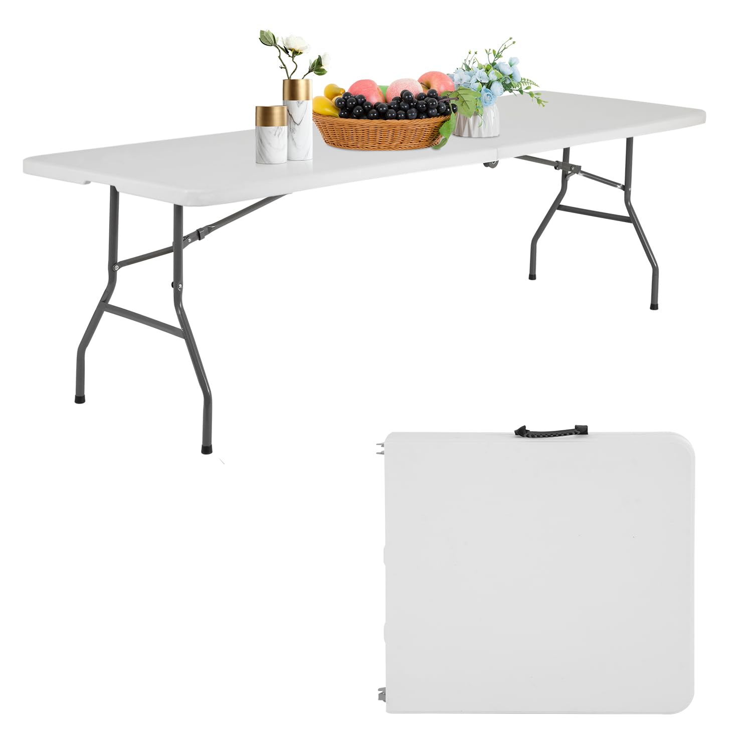 Paylesshere Folding Tables Plastic 8Ft Half Portable Foldable Table For For Parties Wedding Bbq Camping, White 8 Ft