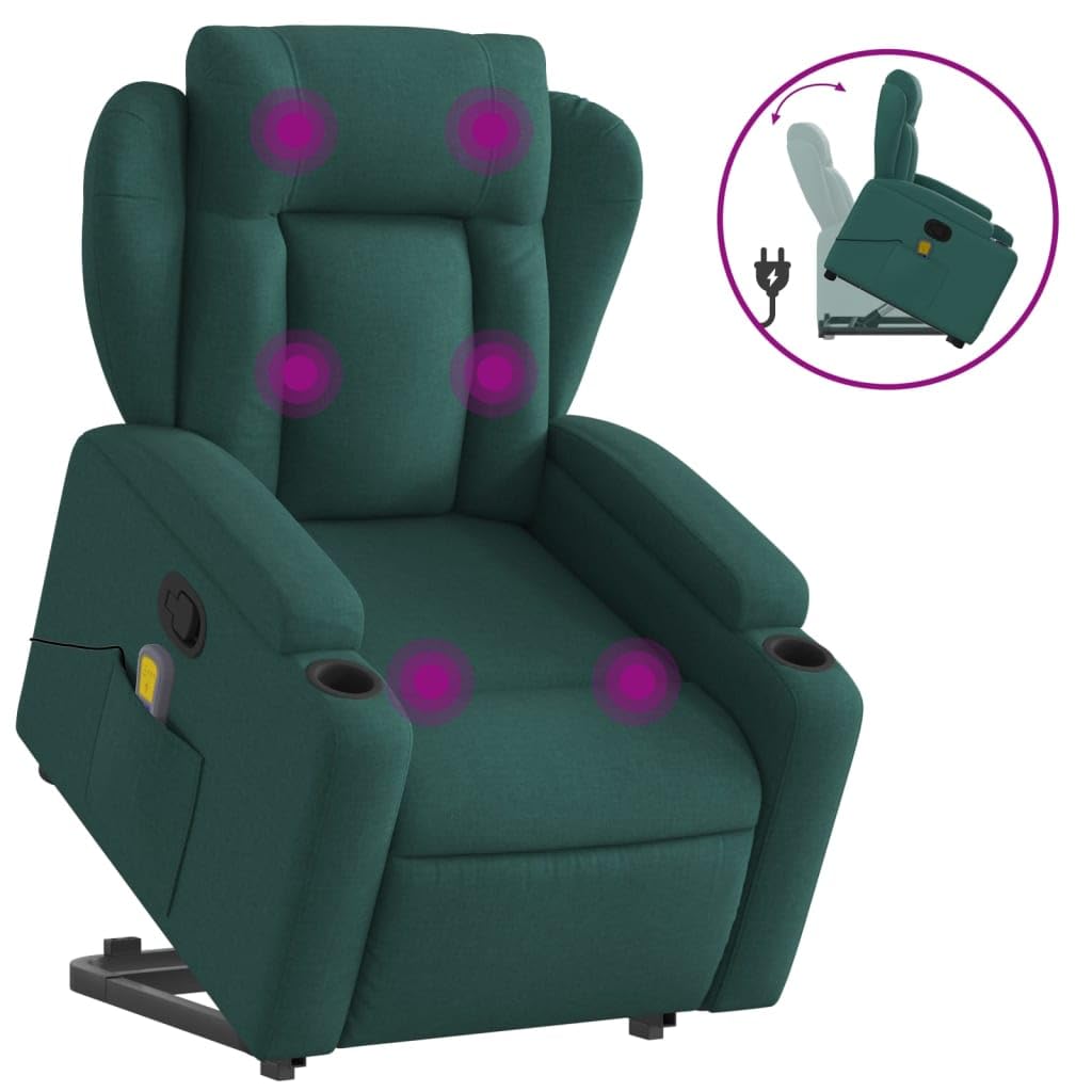vidaXL Power Lift Recliner Chair - Dark Green Fabric Massage Armchair with Cup Holders, Manual Recline, for Living Room Comfort